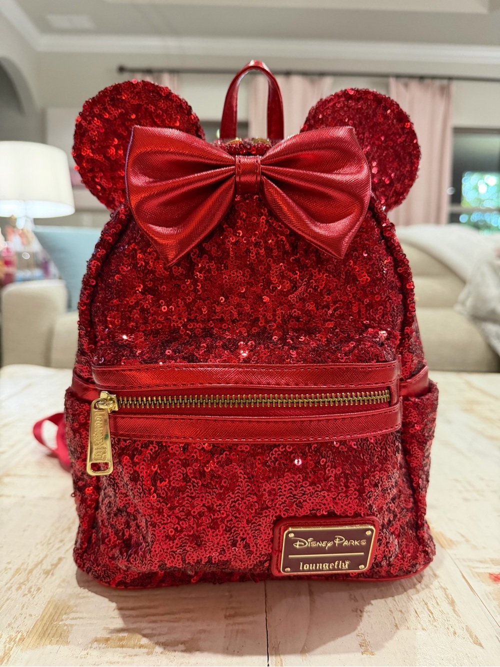 Disney Parks x Loungefly Red Sequin Mini Backpack with Gold Plaque Minnie Mouse